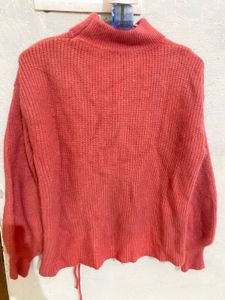 Pink Woolen Neck Cut Sweater With Black Inner