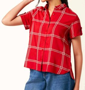 Red Checked Casual Half Sleeves ShirtCollar Women
