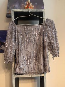Grey Sequin Off Shoulder Top