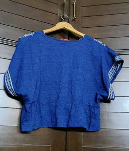 8seconds Women Blue Embroidered Casual Crop Top