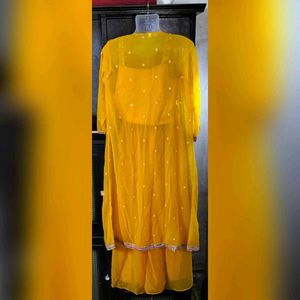 Women Yellow Ethnic Gown With Shrug ( 3 Piece Set)