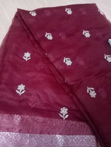 Heavy Party Wear Maroon &amp; Silver Organza Saree