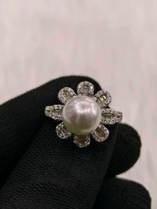 Pearl &amp; Diamond Ring 925 Sterling Silver