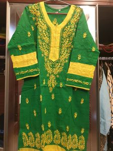 Beautiful green yellow  cotton kurti wth pakistani embroidery