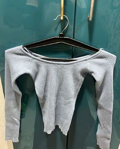 Light Blue Ribbed Long Sleeve off shoulder Top