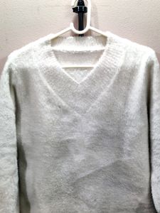 premium imported white V-neck mohair sweater.