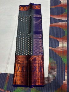 Grey &amp; Blue Pure Kanchipuram Silk Saree