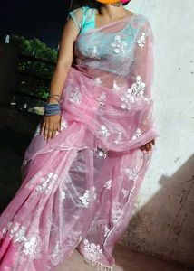 Pink Organza Saree with Floral Embroidery
