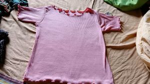 Pink Ruffle Trim Ribbed Knit Top