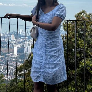 Blue Gingham Ruched Dress