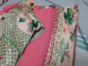 Pink Saree With Border And Blouse
