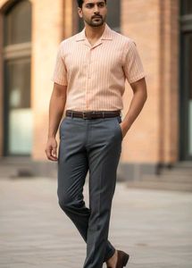 Men's Striped unstriched Peach Casual Shirt