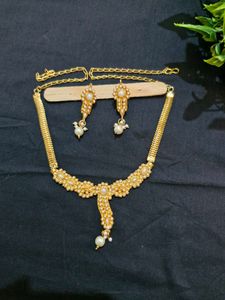 Gold &amp; Pearl Necklace With Earrings