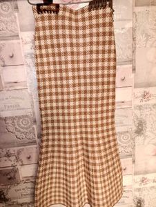 Woolen Brown Checked Midi Skirt