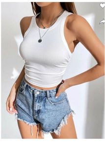 White Ribbed Tank Top with Ruched Sides