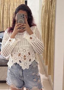 Charming White Woolen Crochet Top ❄️✨