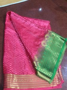 Peach/Pink &amp; Green Saree With Stitched Blouse