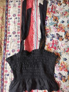 Black smocked fitted crop top