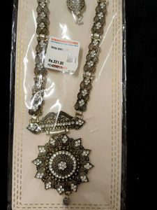Silver Long Necklace Set with Pendant and Earrings