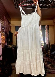 White Pure Cotton Strap Maxi Sundress