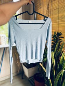Pastel Blue Ribbed Top With Square Neckline