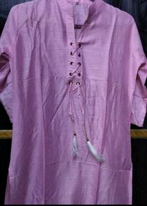 Dusty Rose Lace-Up Cotton Kurti with Tassels