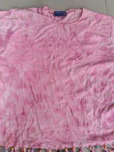 Pink Tie-Dye Tunic Top With Beaded Fringes