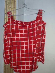 Red Grid Cold Shoulder Top