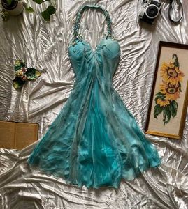 Aqua Embellished Halter Dress