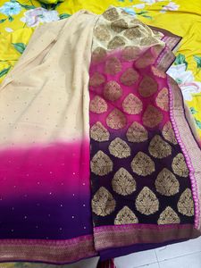 Beautiful Cream colour Saree With Purple Border