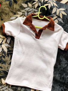 Brown Trimmed White T-Shirt