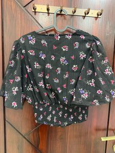 Black Floral Cinched Top