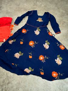 Navy Blue Anarkali With Orange Leggins And Dupatta