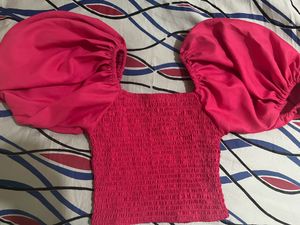 Hot Pink Puff Sleeve Crop Top