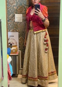 Designer Gold &amp; Maroon Banarasi Lehenga Set