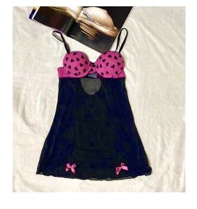Pink Black Heart Bow Hot Mesh Sheer Bra Nighty
