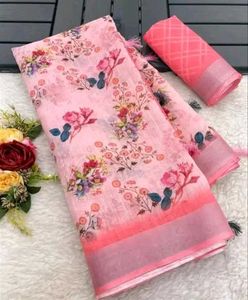 Linen Cotton Pink Saree With Running Blouse