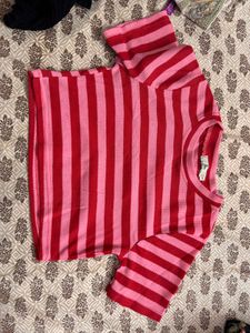 Red & Pink Striped Crop Top