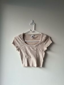 Cute Beige Ribbed Crop Top