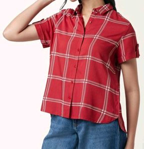 Red Checked Casual Half Sleeves ShirtCollar Women