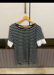 Striped Tee with Pleated Sleeves