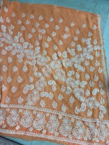 Unused Peach Lukhnowi Saree