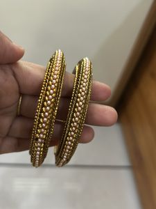 Golden Bangles With Pink Colour Pearls