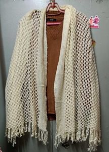 Vintage Handmade Fringe Crochet Knitted Shawl