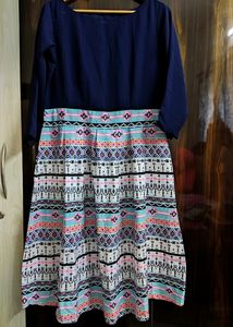Navy Blue Georgette Printed Fit & Flare Dress