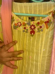 Yellow Embroidered Soft CottonKurta Set