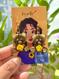 Teddy With Yellow Rose Earring