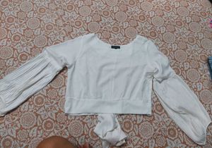 White Crop Top with Balloon Sleeves