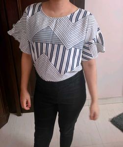 Women White Blue Rayon Printed Casual Top