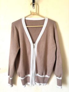 Korean Taupe Knit Zip-Up Cardigan